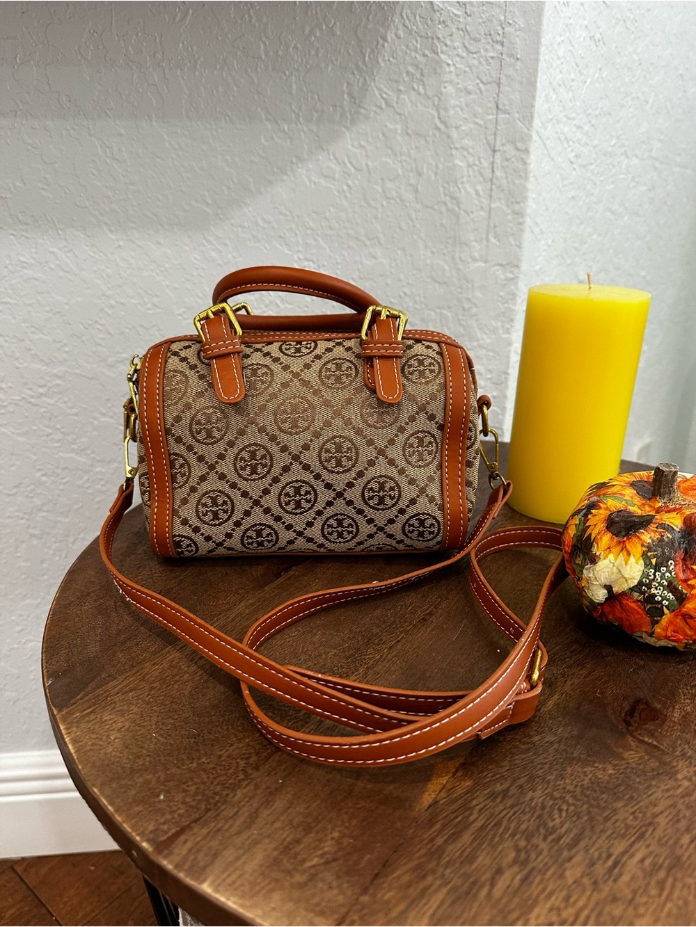 Tan Patterned Mini Satchel with Leather Trim Mini Barrel